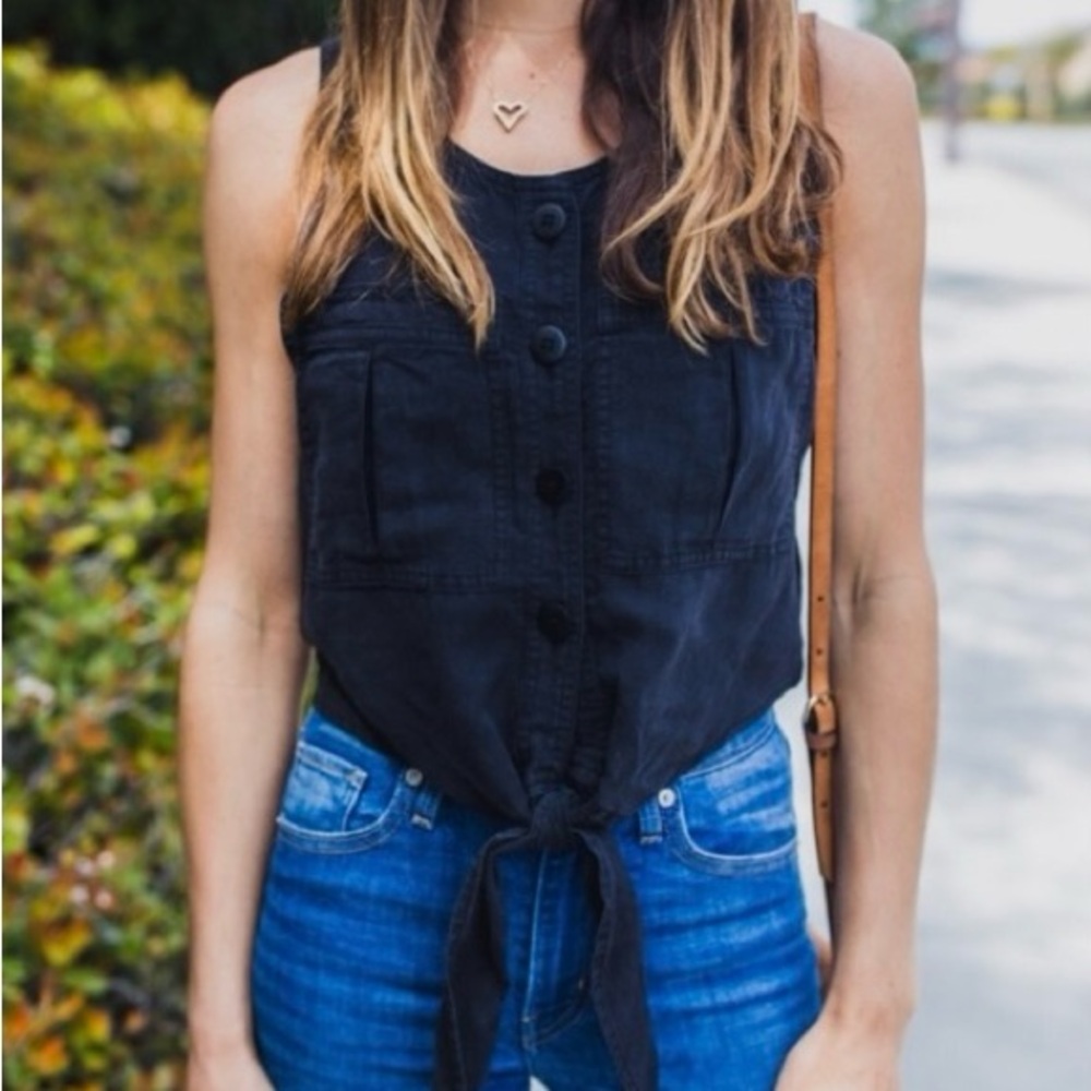 Free People Highway Cruisin’ Tie Front Cropped Tank Top | Button Up Black Small